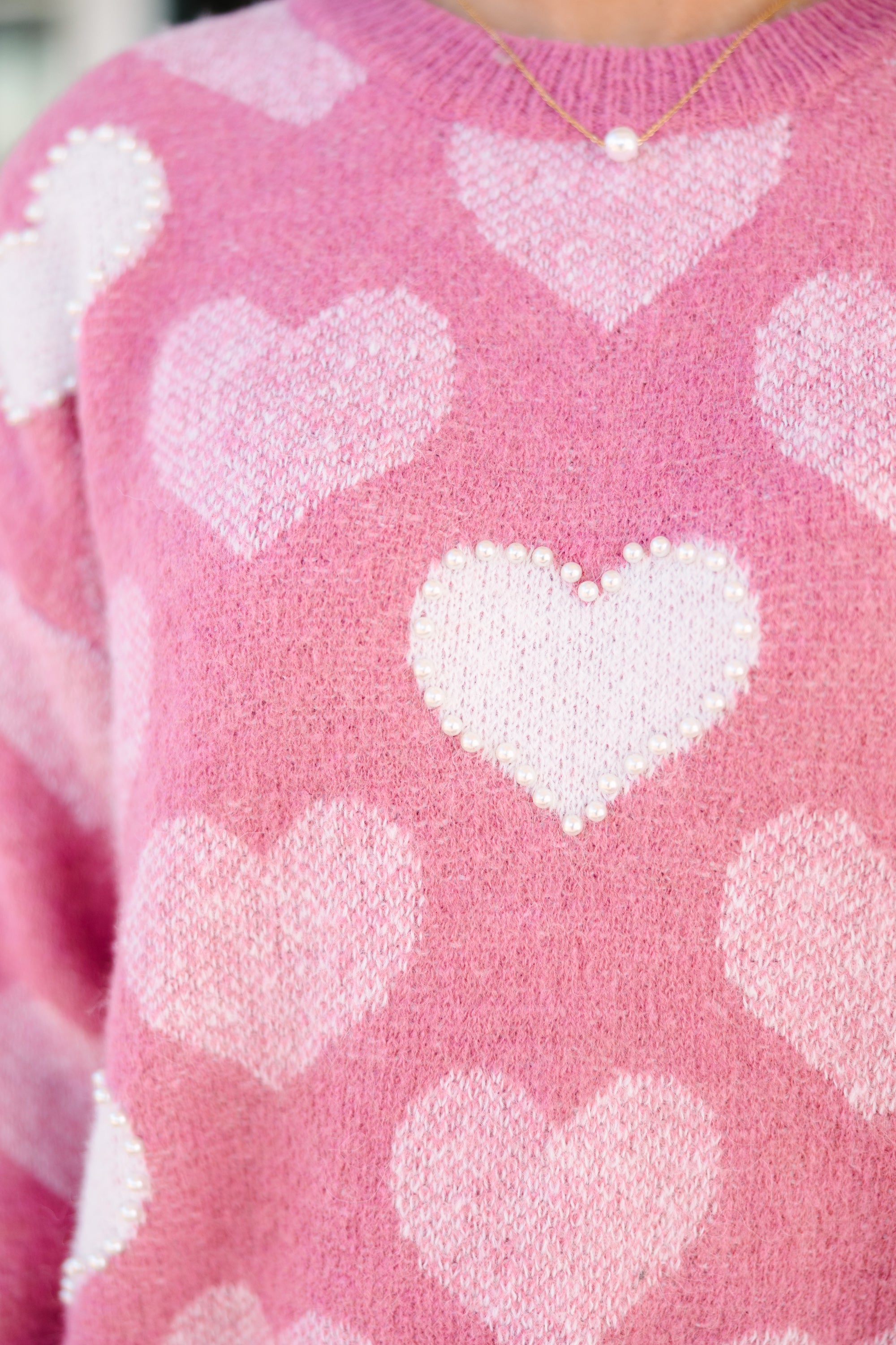 Feeling The Love Pink Heart Pearl Detailed Sweater