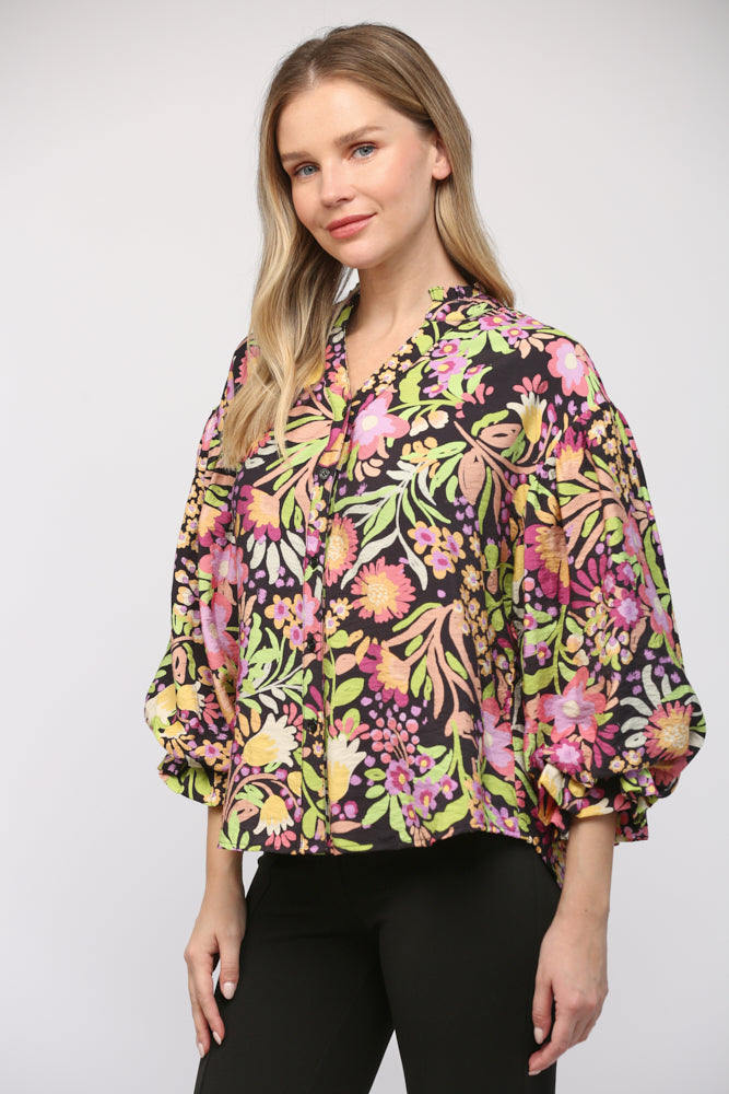 Floral Print Bubble Sleeve Blouse