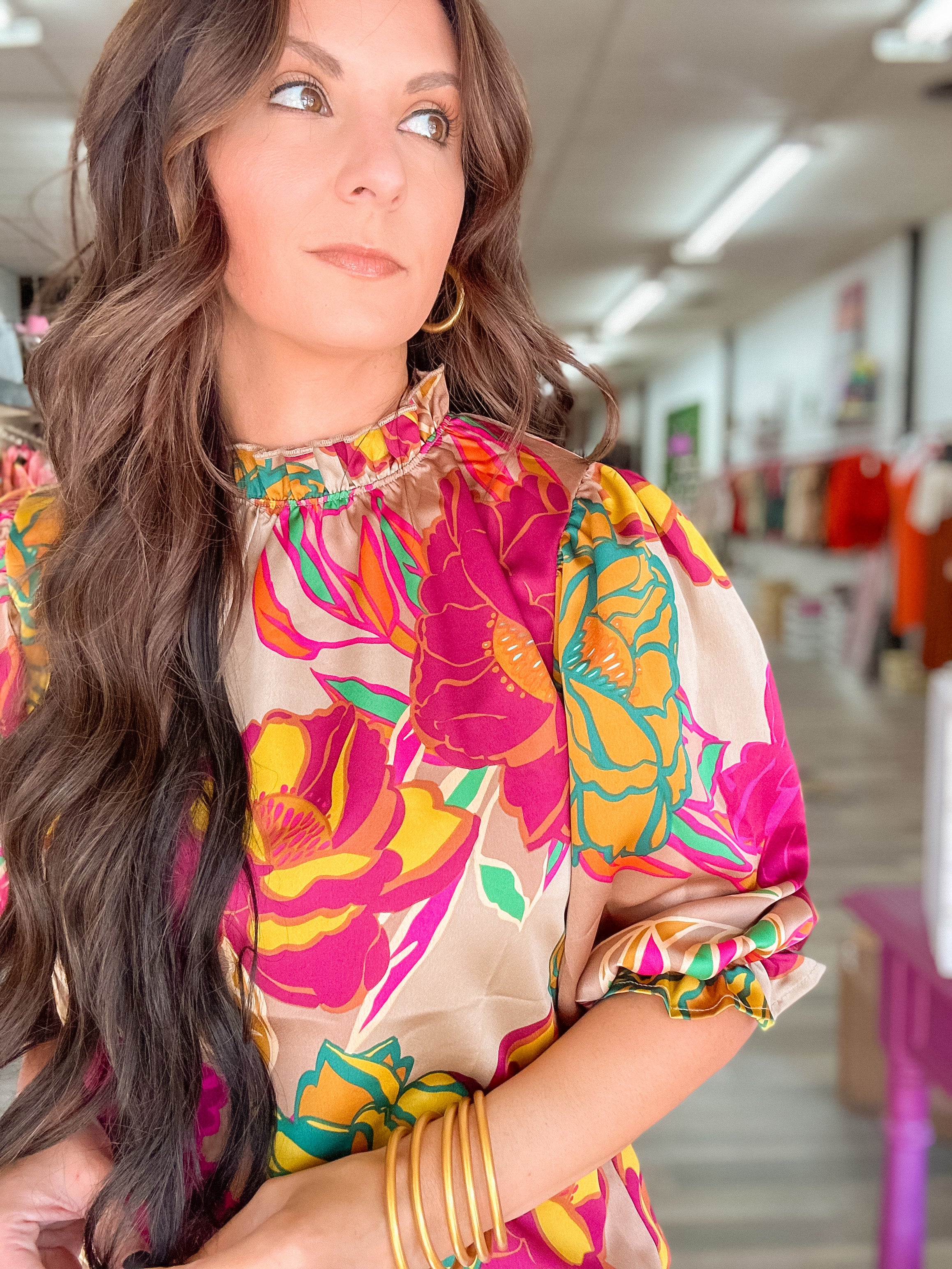 Floral Print Mock Neck Blouse- Mocha