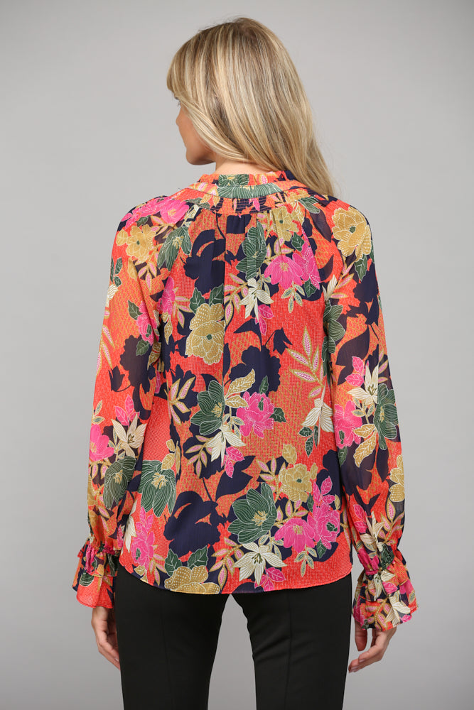 Floral Print Ruffle Neck Blouse