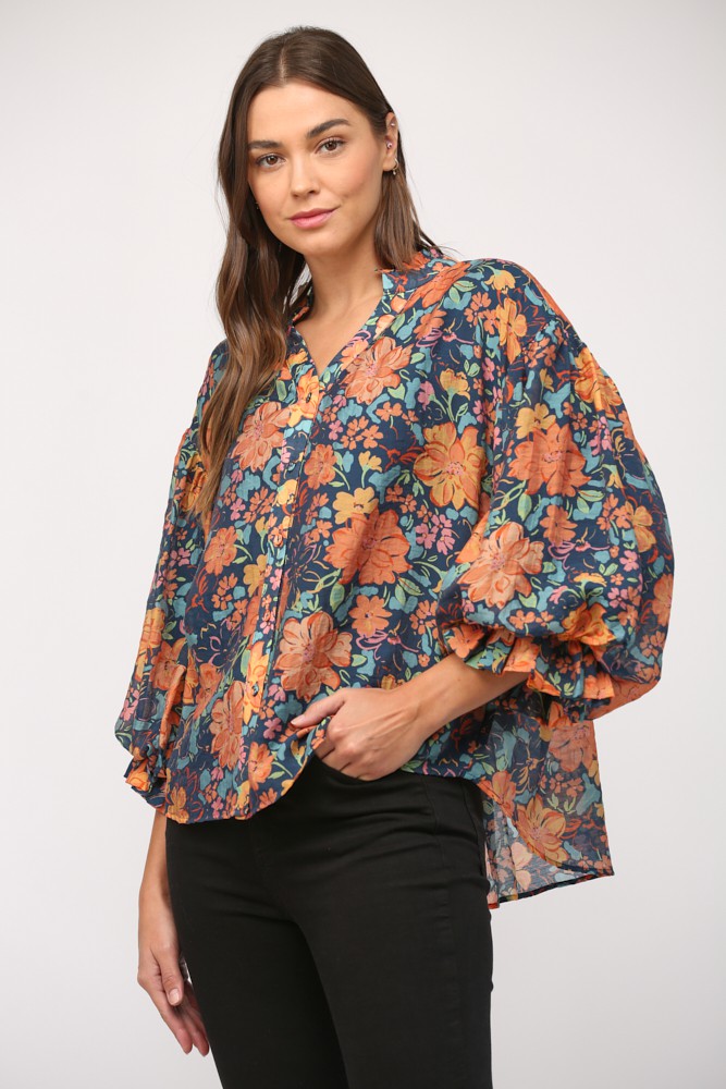 Floral Print Split Neck Bubble Sleeve Blouse