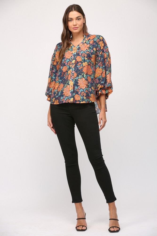 Floral Print Split Neck Bubble Sleeve Blouse