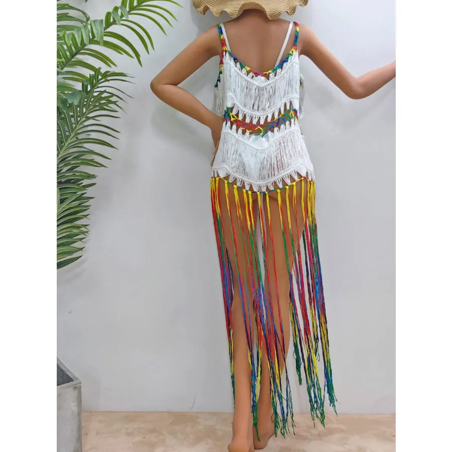 Fringe Scoop Neck Spaghetti Strap Cover-Up