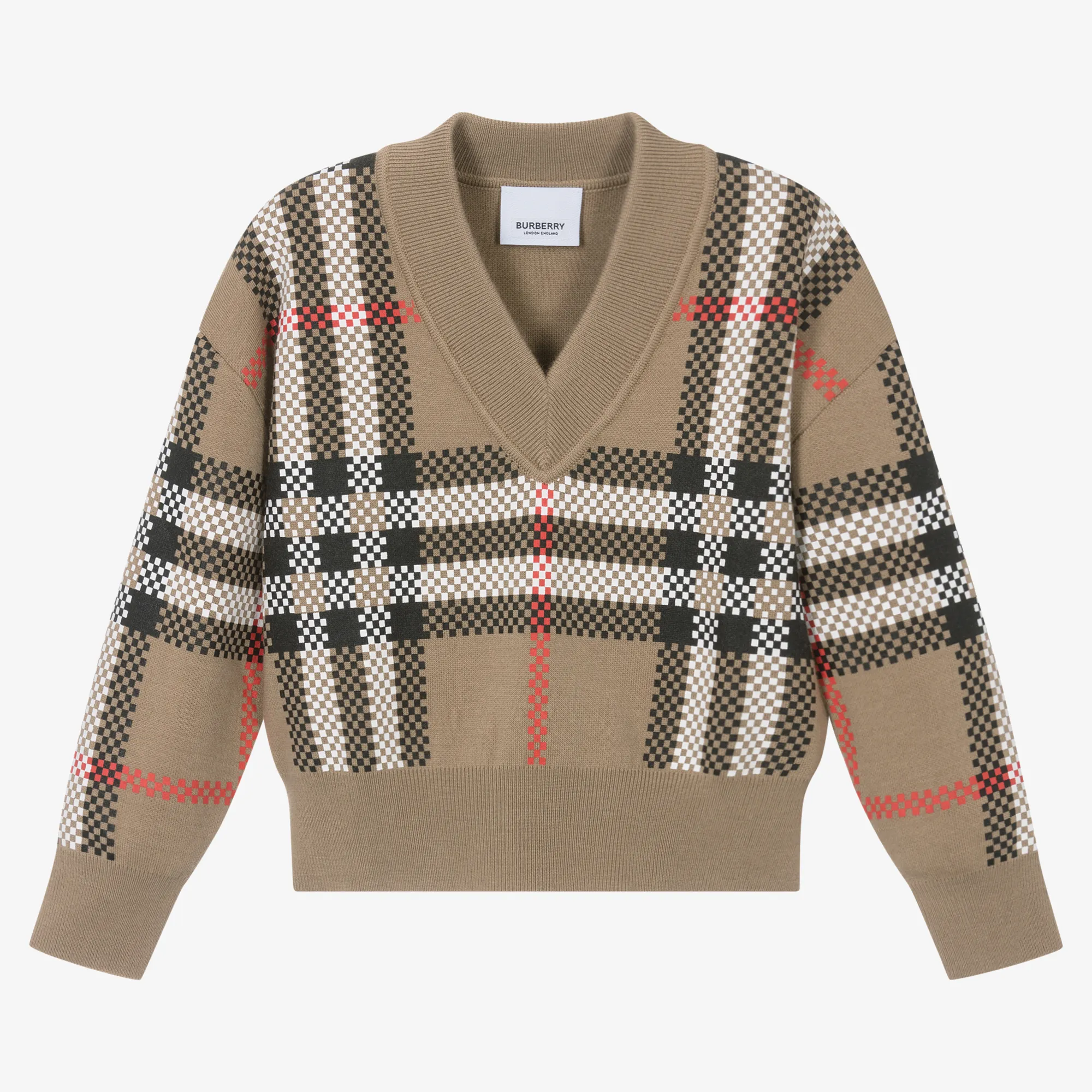 Girls Beige Check Wool Sweater