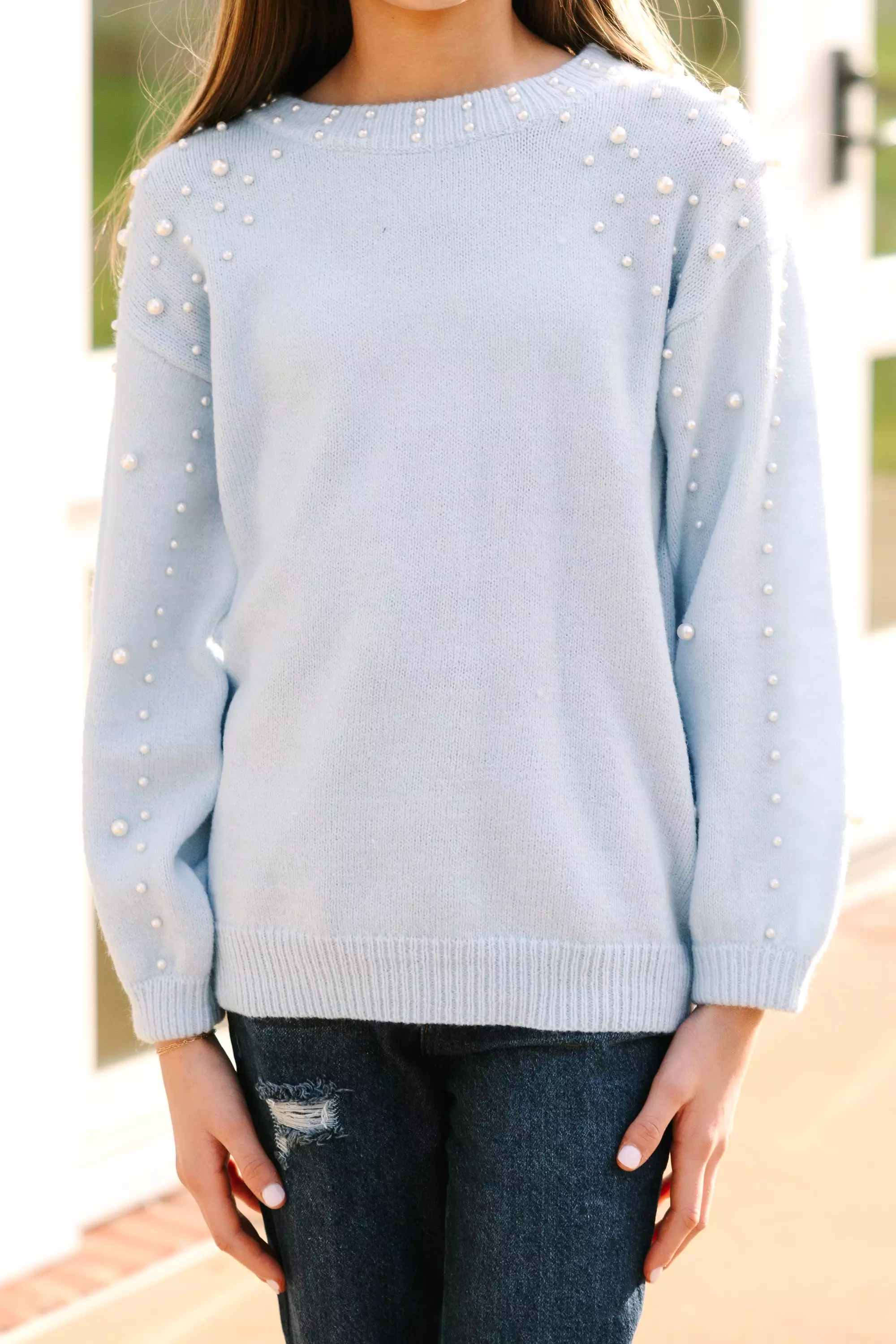 Girls: Can't Help But Love Light Blue Pearl Studded Sweater