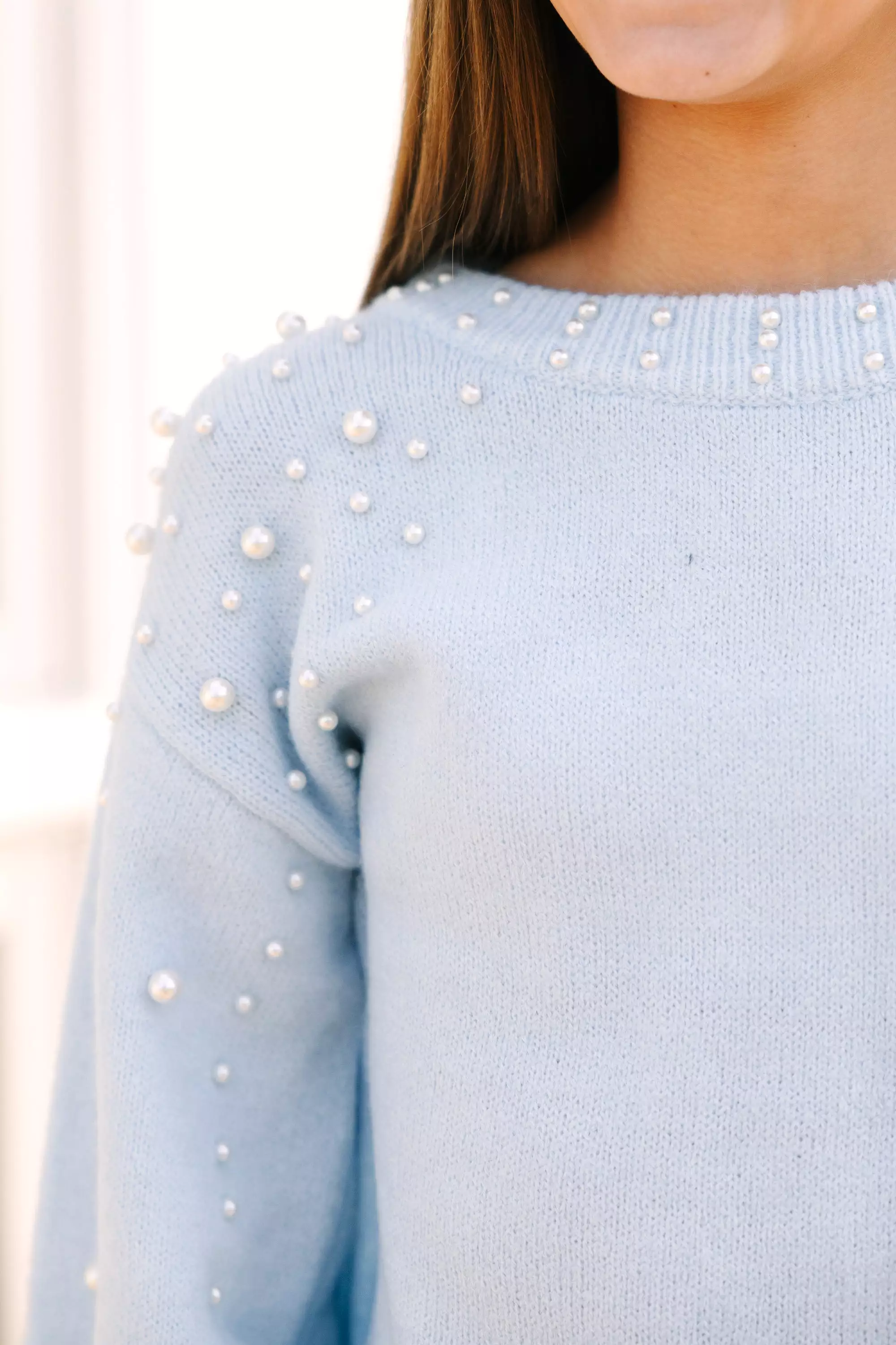 Girls: Can't Help But Love Light Blue Pearl Studded Sweater