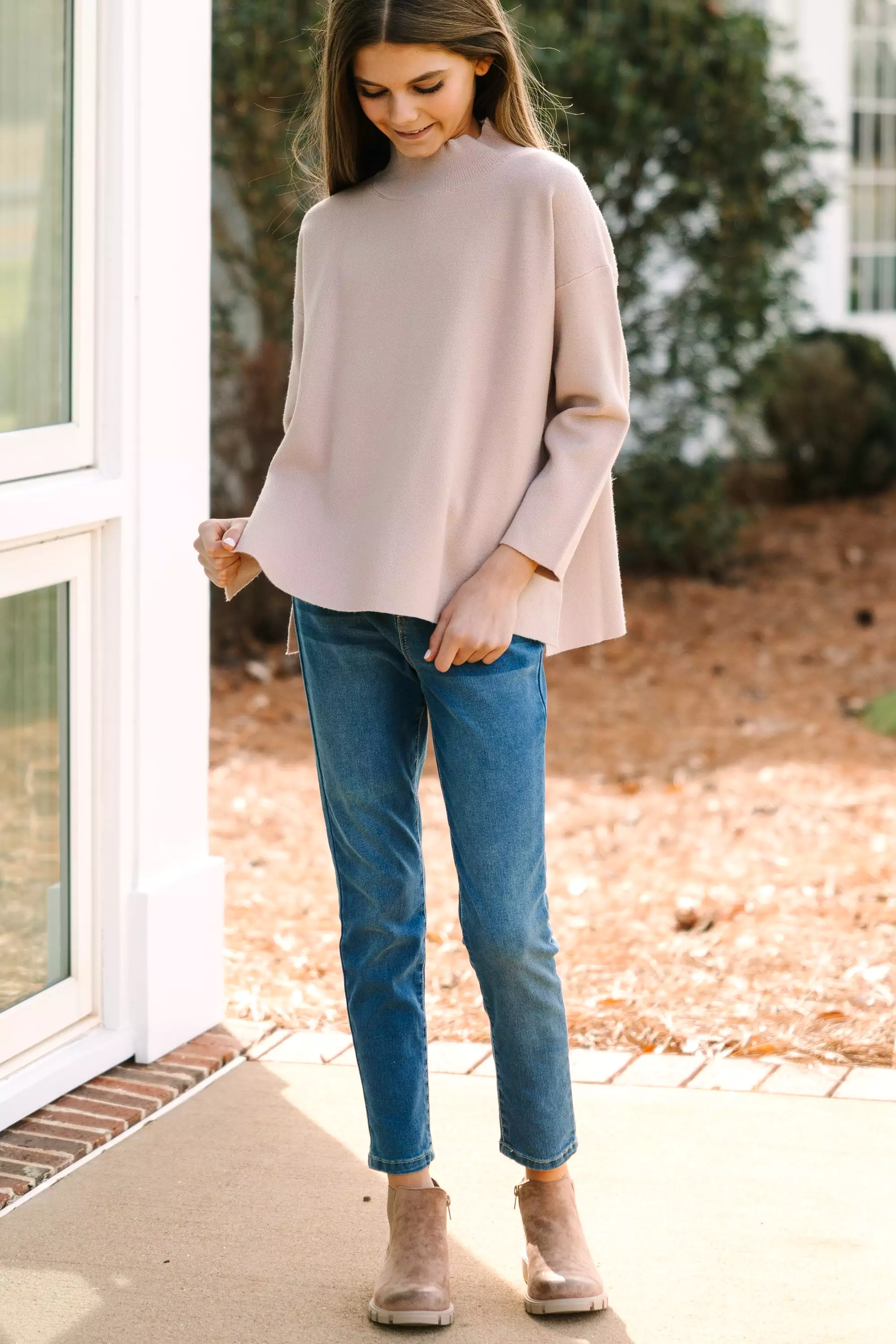 Girls: Going With You Taupe Brown Mock Neck Sweater