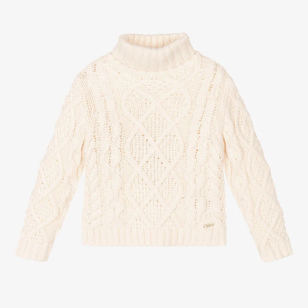 Girls Ivory Cotton Knit Sweater