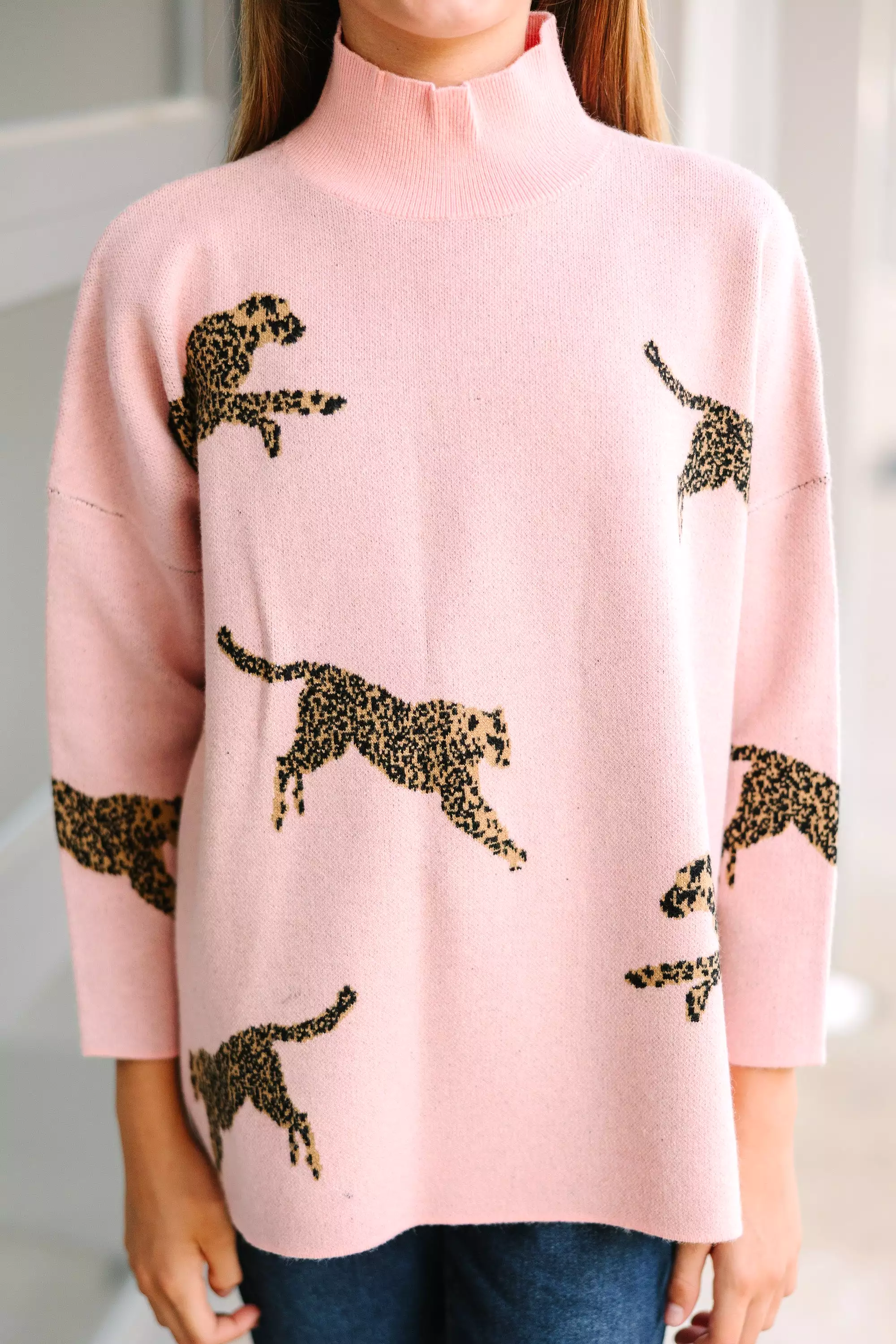 Girls: Quick Decisions Light Pink Cheetah 3/4 Sleeve Sweater