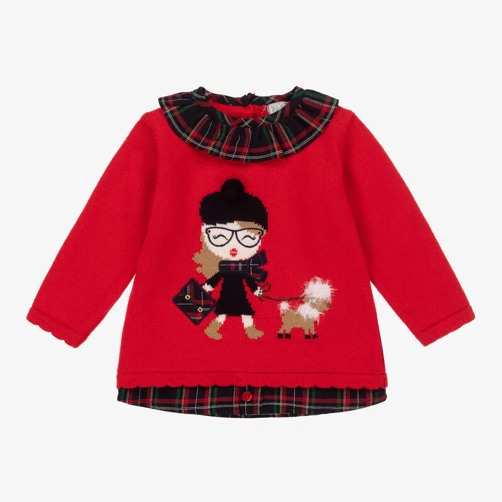 Girls Red Cotton Check Sweater