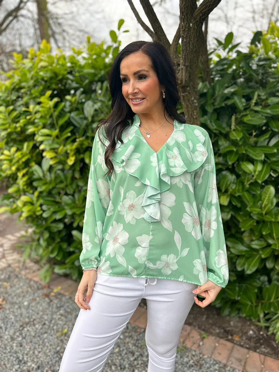 Green Floral Frill Collar Blouse Rylee