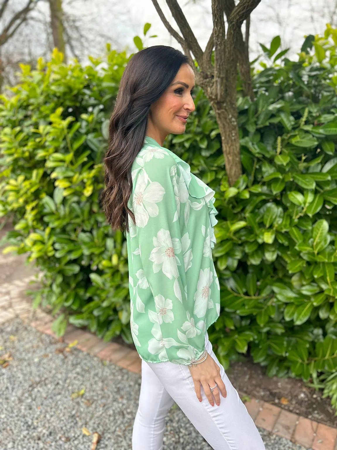 Green Floral Frill Collar Blouse Rylee