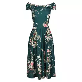 Green Floral Print Crossover Bardot 50s Swing Dress