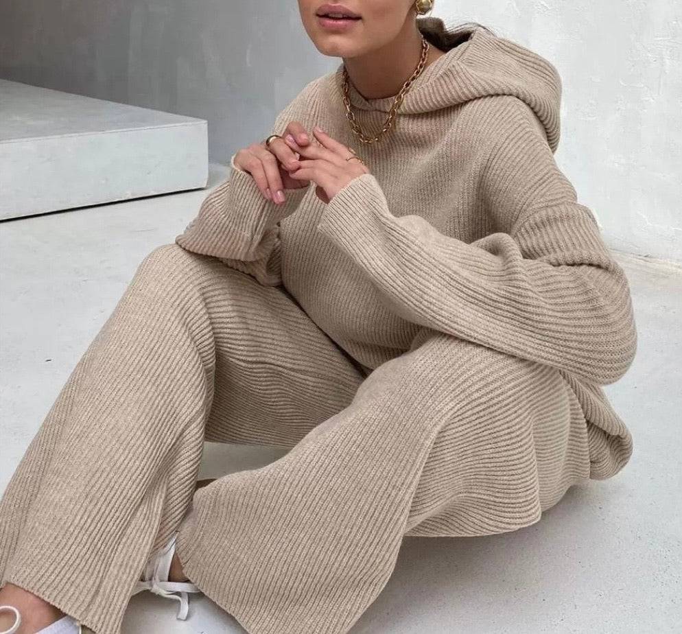 Hoodie Long Sleeve Top And Trouser Two Piece Knit Set