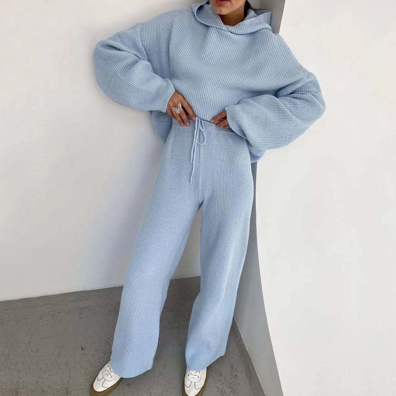 Hoodie Long Sleeve Top And Trouser Two Piece Knit Set