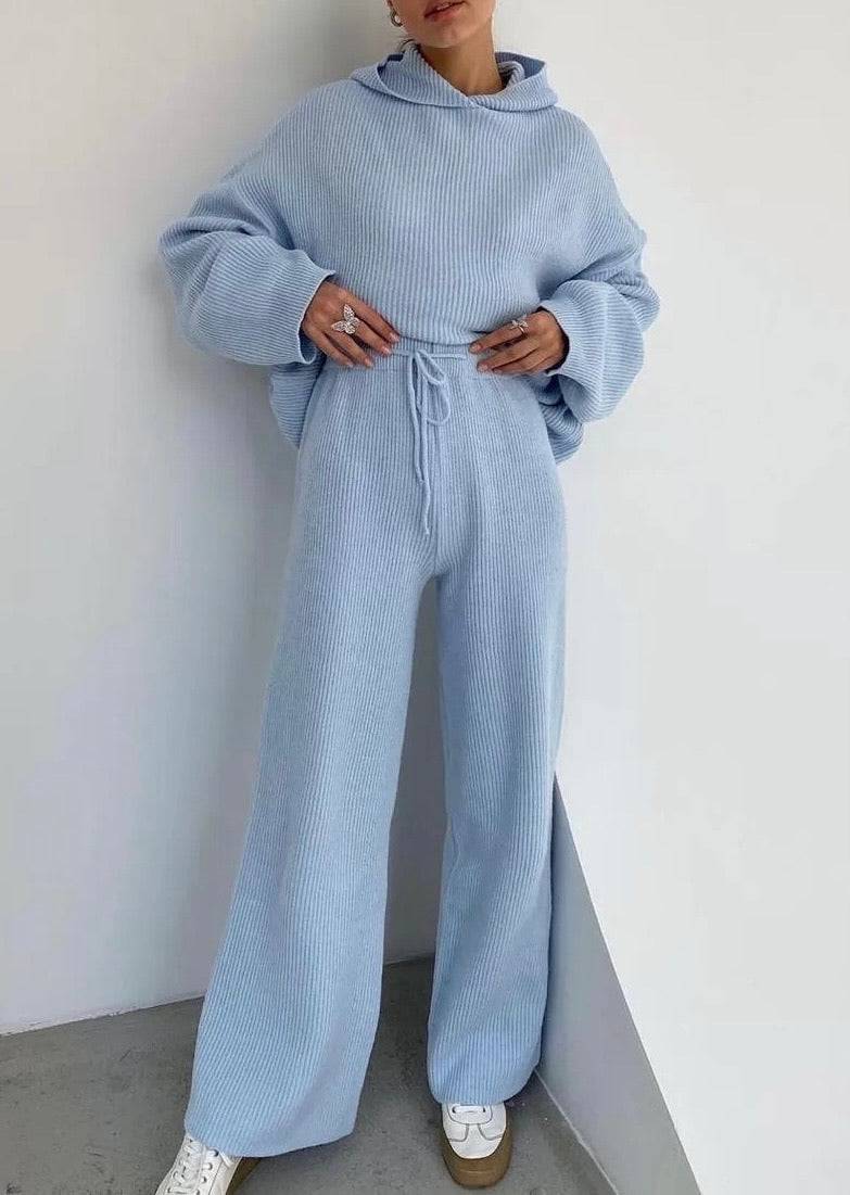 Hoodie Long Sleeve Top And Trouser Two Piece Knit Set