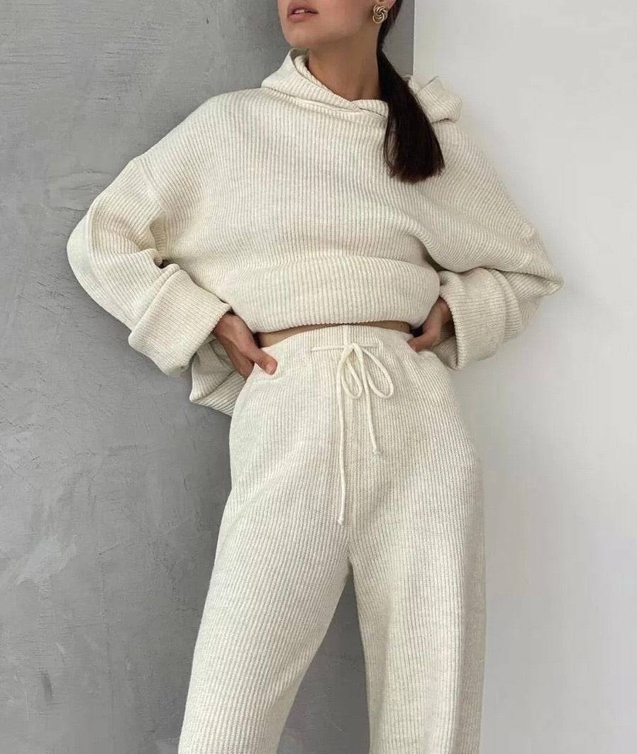 Hoodie Long Sleeve Top And Trouser Two Piece Knit Set