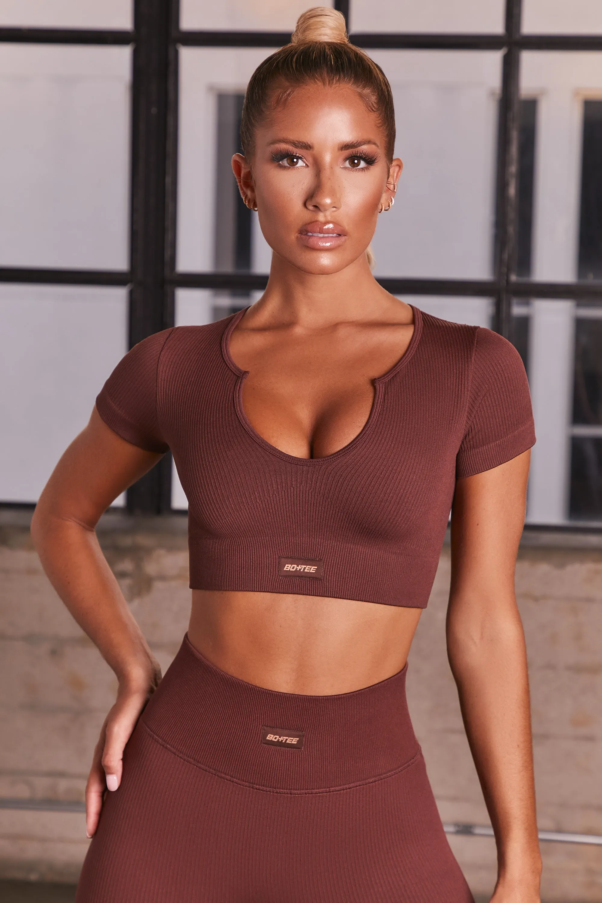 In Charge Ribbed Short Sleeve Crop Top in Dark Brown