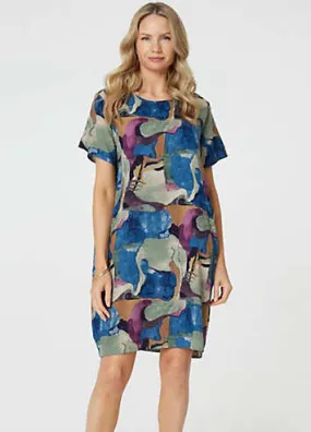 Izabel London Multi Blue Abstract Print Knee Length Shift Dress | Grattan