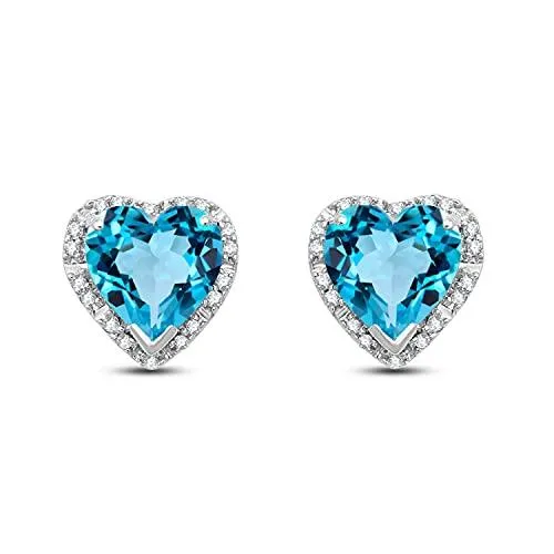 Jewelili 10K White Gold with Heart Shape Natural Swiss Blue Topaz and 1/10 CTTW Natural White Round Diamonds Stud Earrings