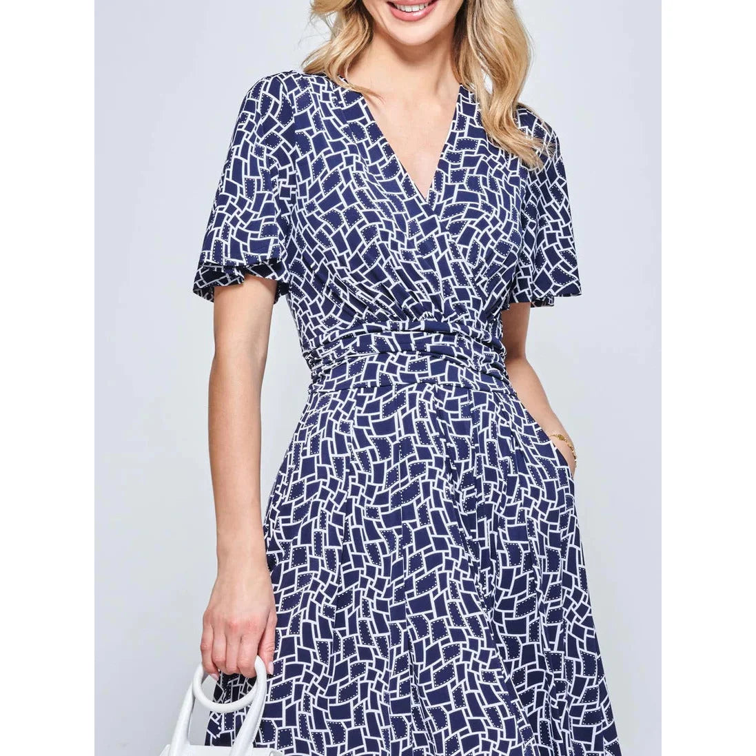 Jolie Moi Angel Sleeve Navy Geometric Print Dress