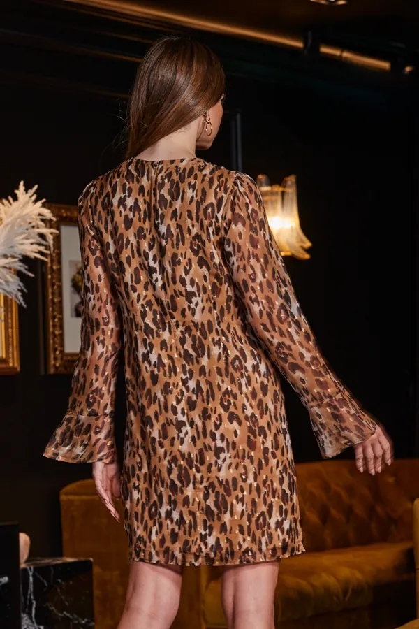 Leopard Print & Metallic Spot Chain Detail Shift Dress