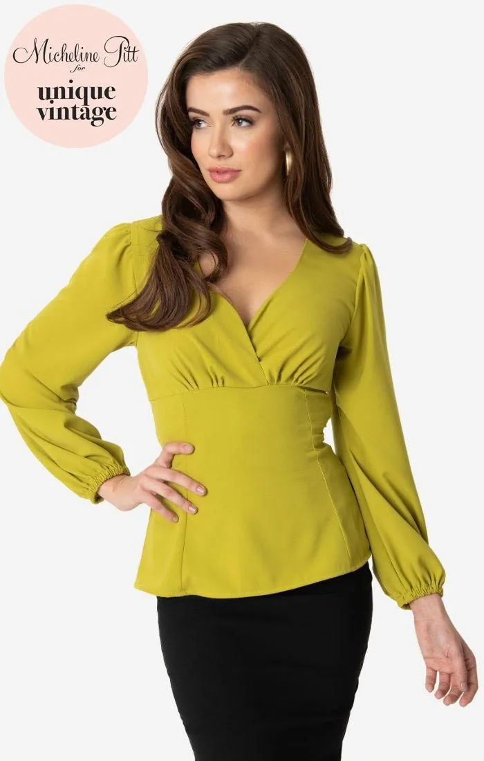 Micheline Pitt For Unique Vintage Chartreuse Long Sleeve Tyrell Blouse (L ONLY)