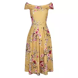 Mustard Yellow Floral Print Crossover Bardot 50s Swing Dress