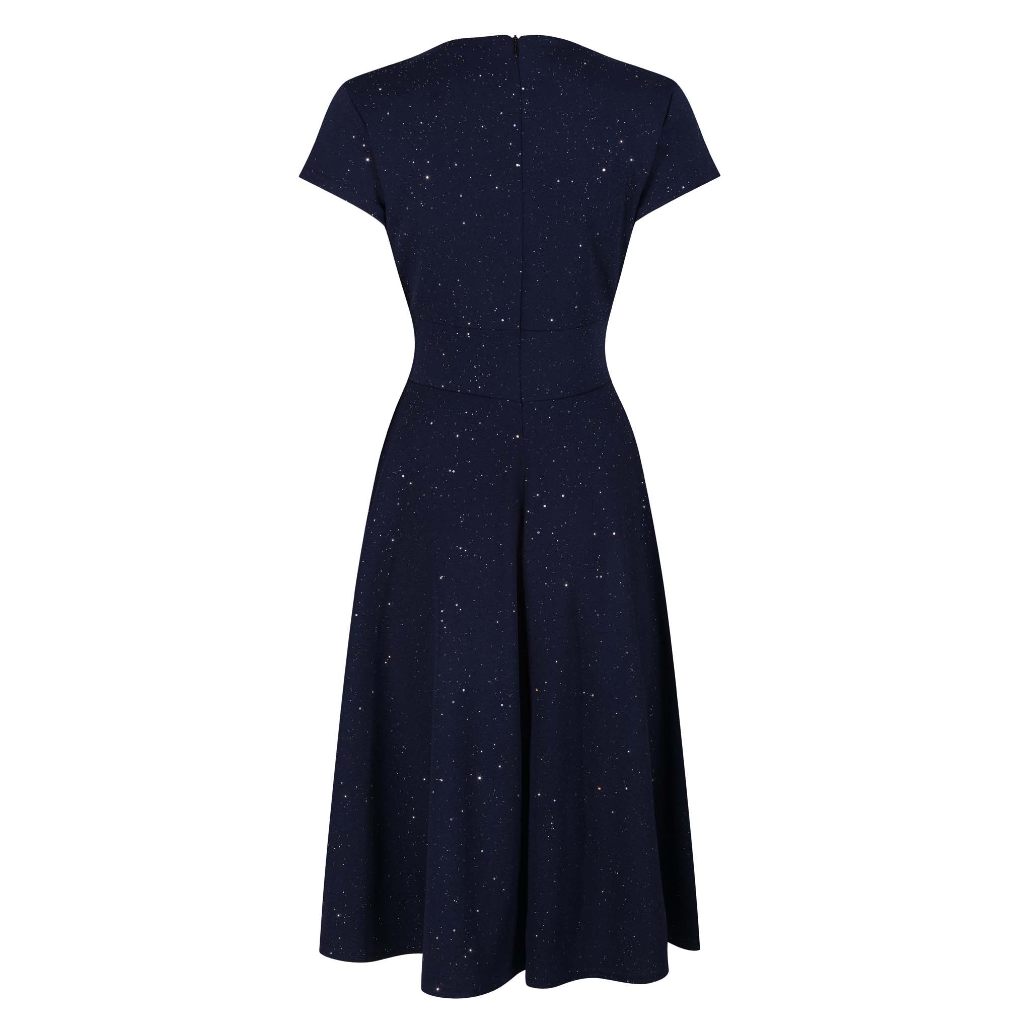 Navy Blue & Sparkly Glitter A Line Crossover Top Capped Sleeve Tea Swing Dress