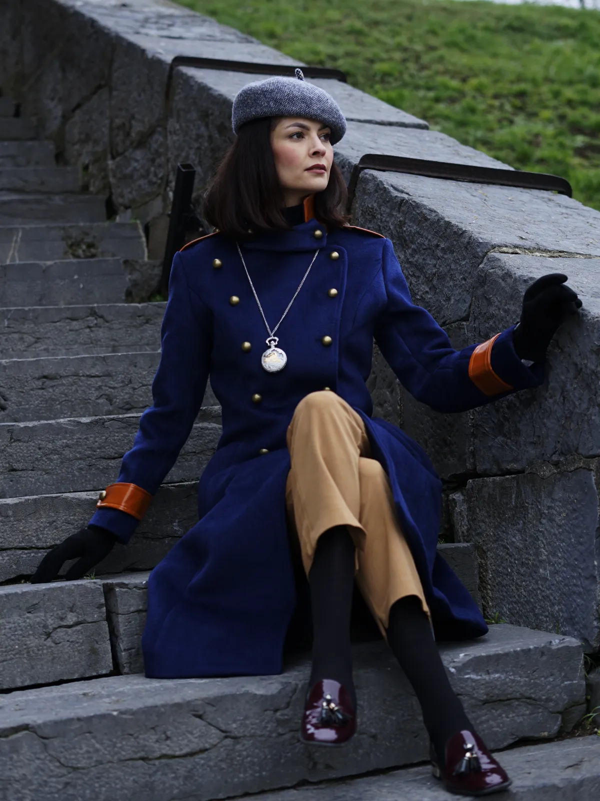 Navy Blue 1950s Patchwork Button Coat