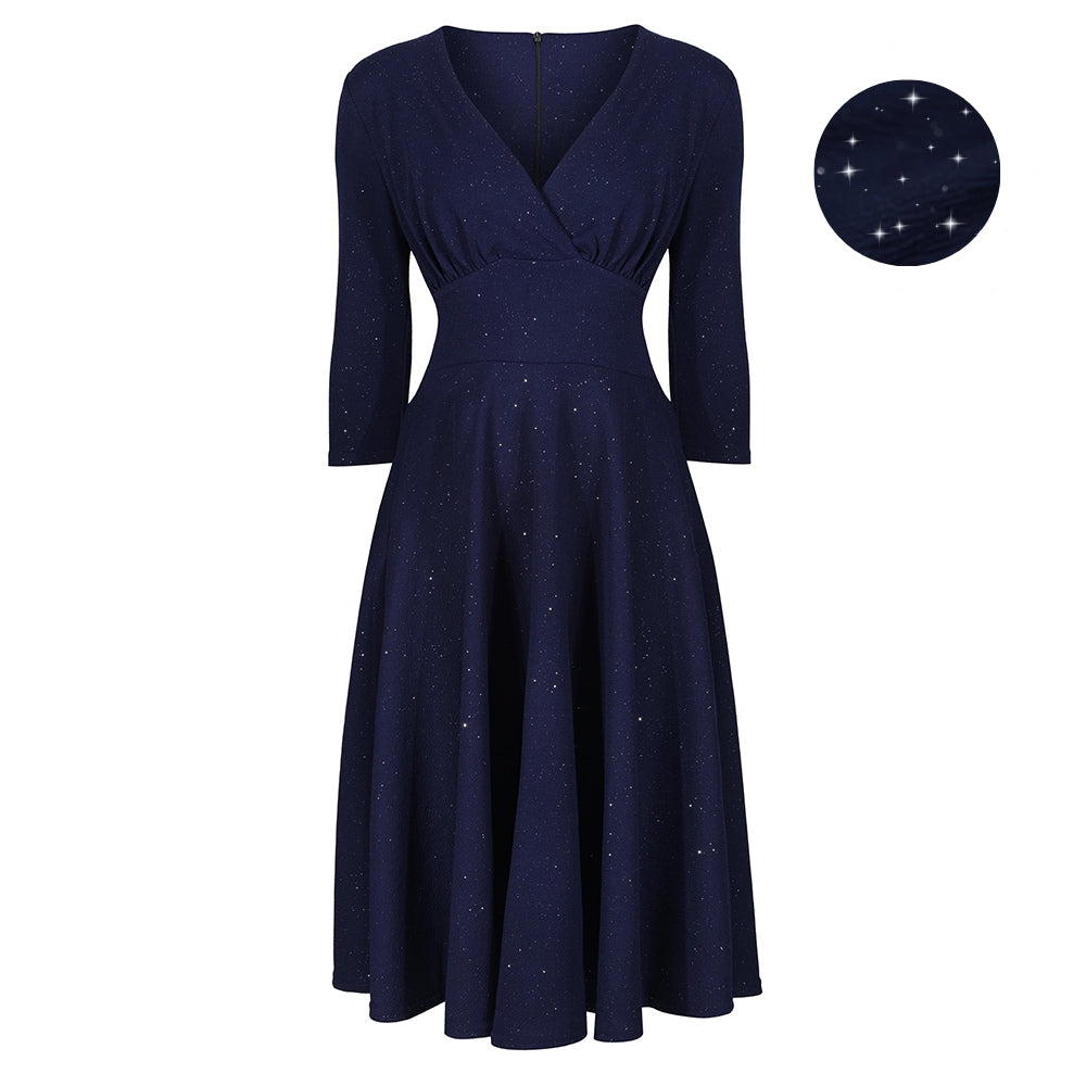 Navy Blue Silver Glitter Vintage A Line Crossover 3/4 Sleeve Tea Swing Dress