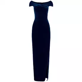 Navy Blue Velour Capped Sleeve Cocktail Party Maxi Dress