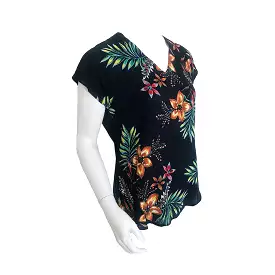 Navy Tropical Floral V-neck Blouse with Back Zip