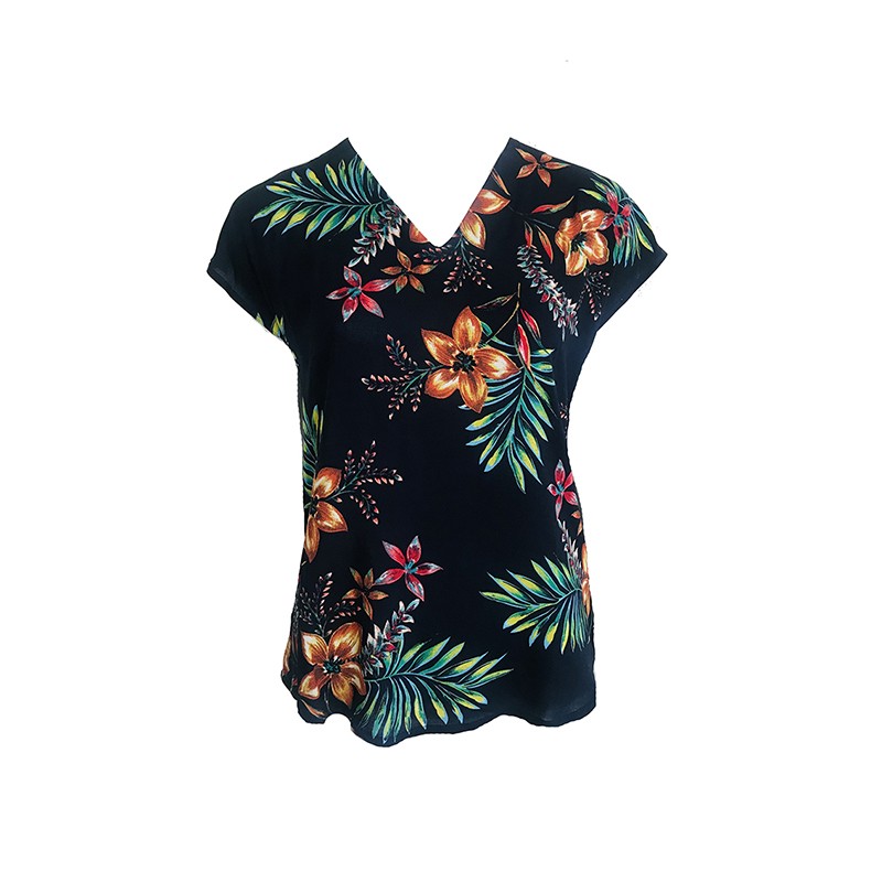 Navy Tropical Floral V-neck Blouse with Back Zip