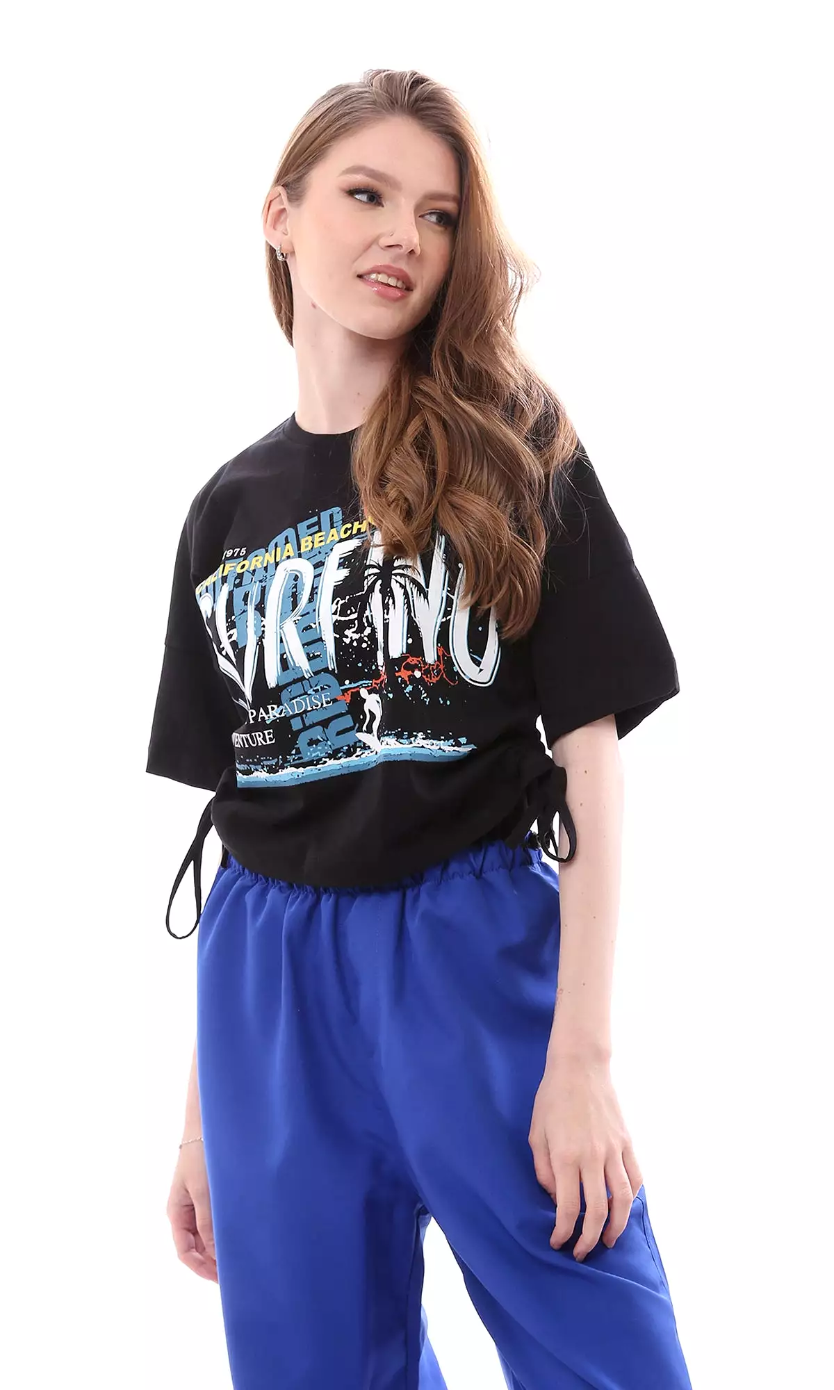 O165475 Black Cropped T-Shirt Surfing Printed With Side Drawstring