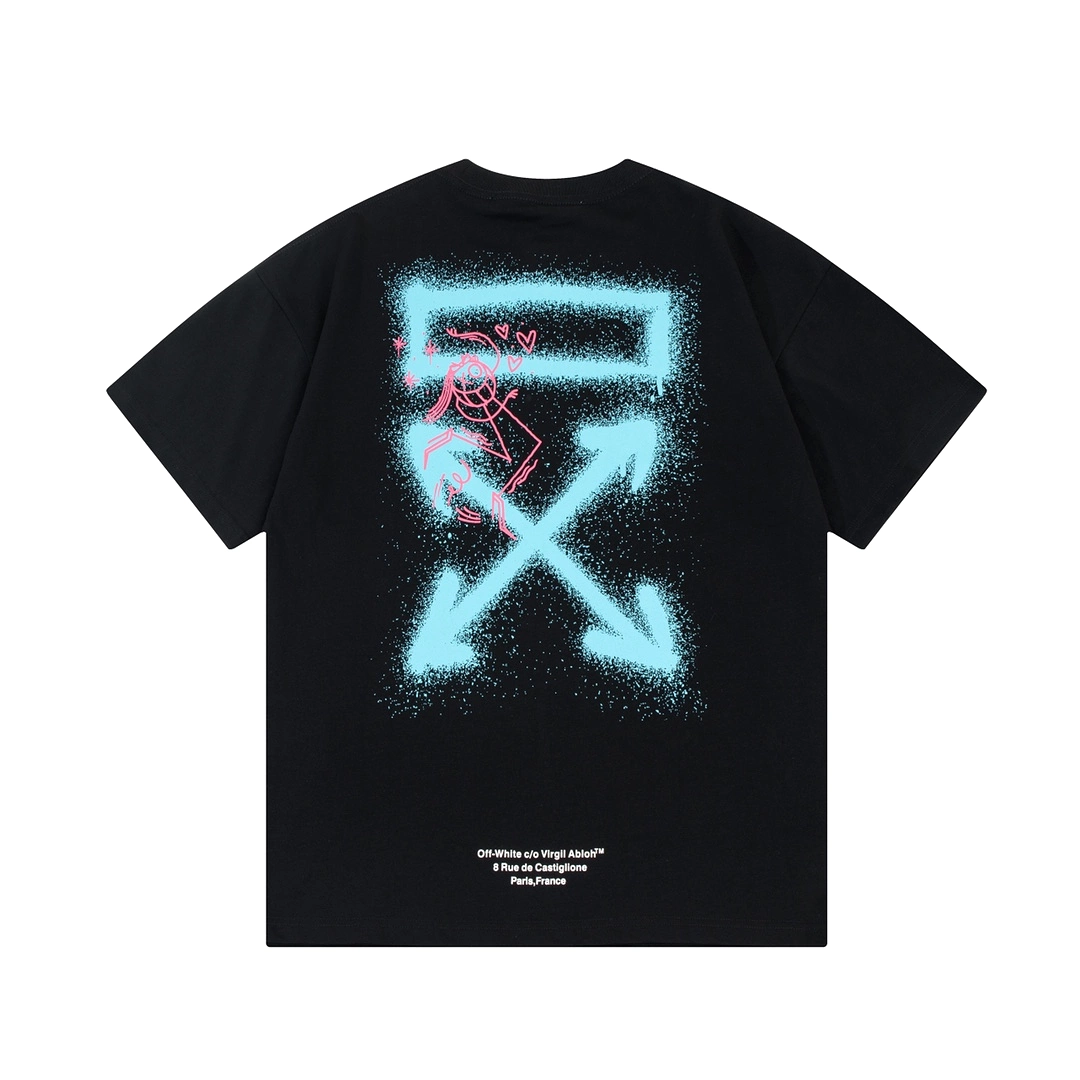 OFF-WHITE blue smiley face graffiti hand-painted LOGO printed short-sleeved T-shirt Black 12.12