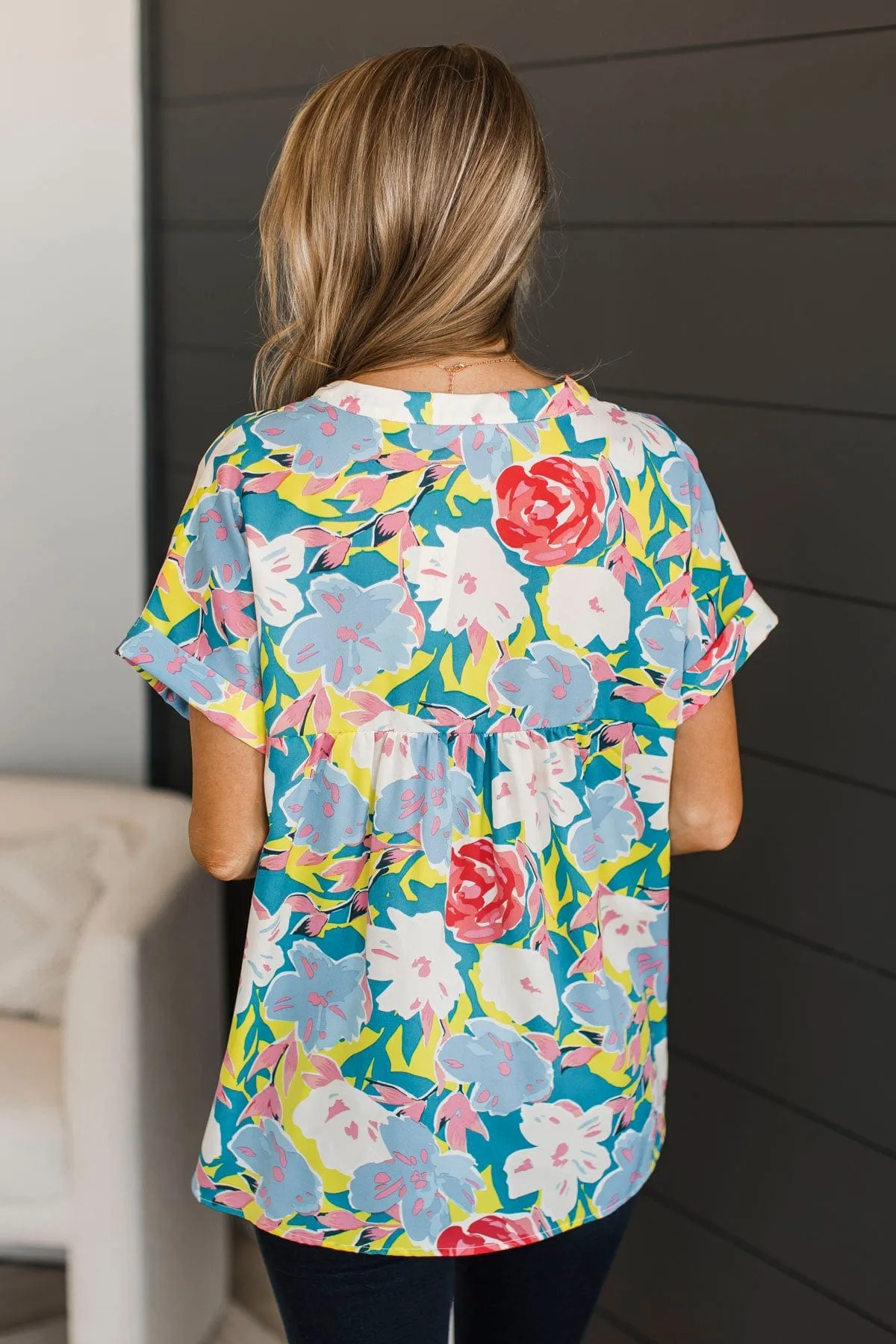 On My Own Time Floral Blouse- Neon Yellow & Blue