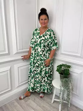 Palm Print Smock Maxi Dress - Emerald