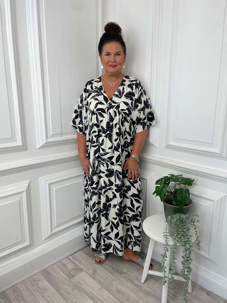 Palm Print Smock Maxi Dress - Onyx