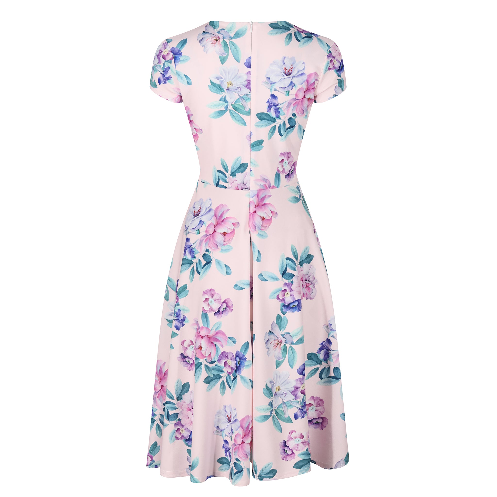 Pink Floral Print Ruched Bust Deep V Neck Cap Sleeve 50s Swing Dress