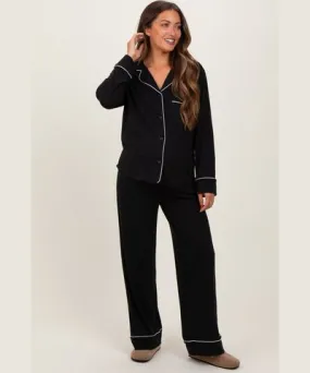 PinkBlush Black Button Down Top Wide Leg Pant Maternity Pajama Set