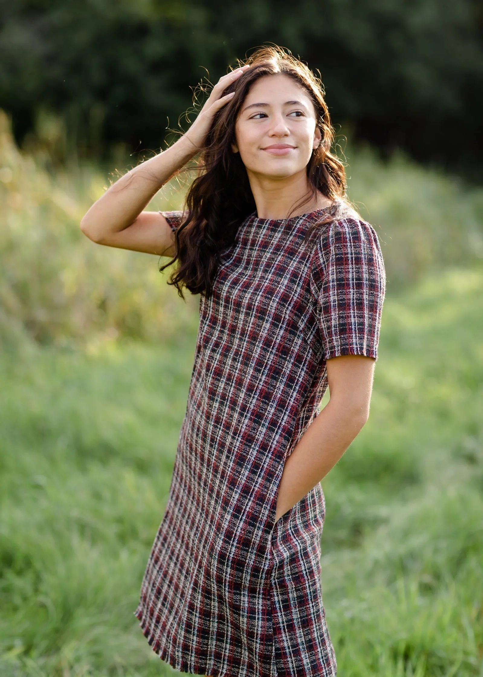 Plaid Fringed Edge Round Neck Shift Midi Dress - FINAL SALE