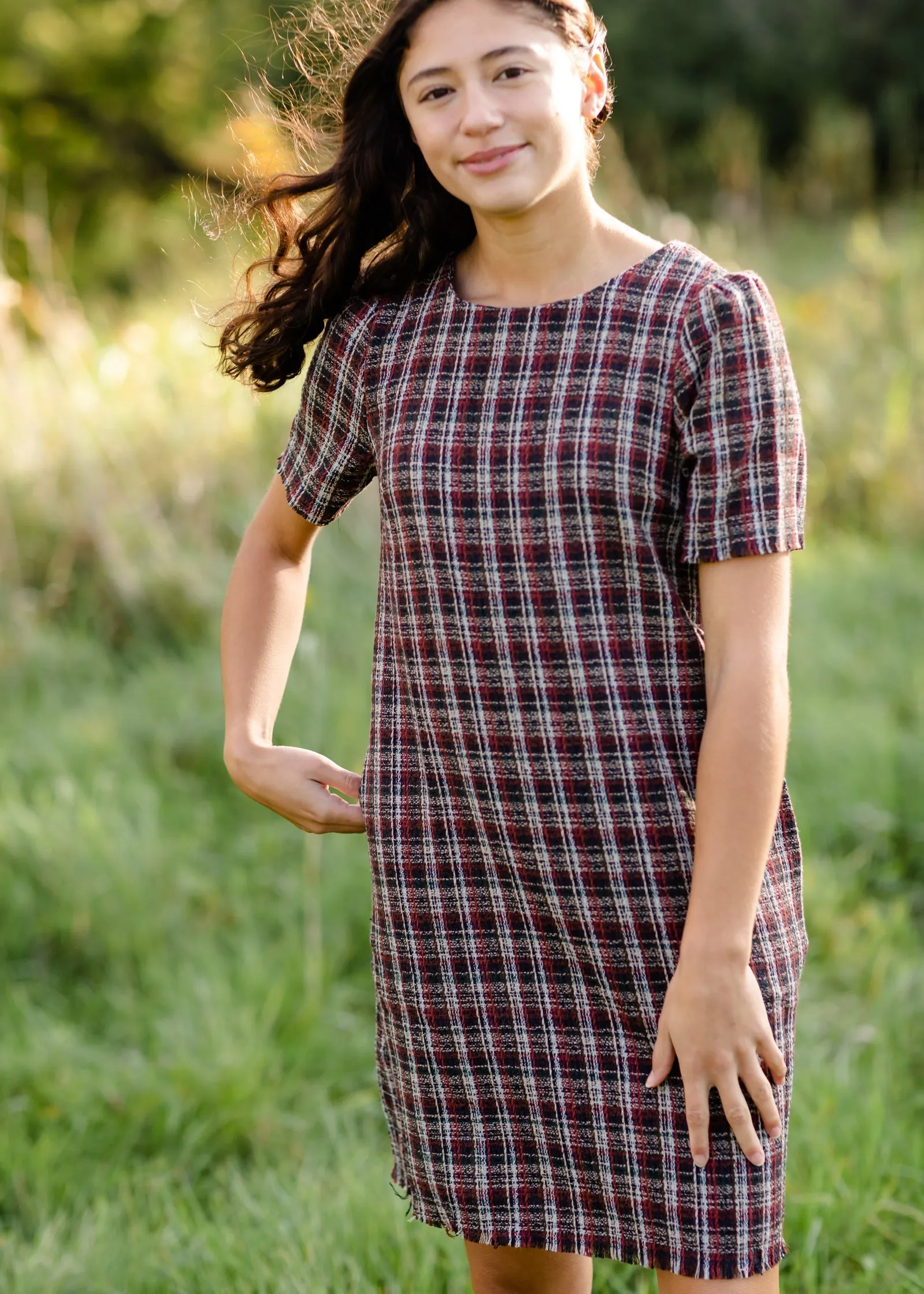 Plaid Fringed Edge Round Neck Shift Midi Dress - FINAL SALE