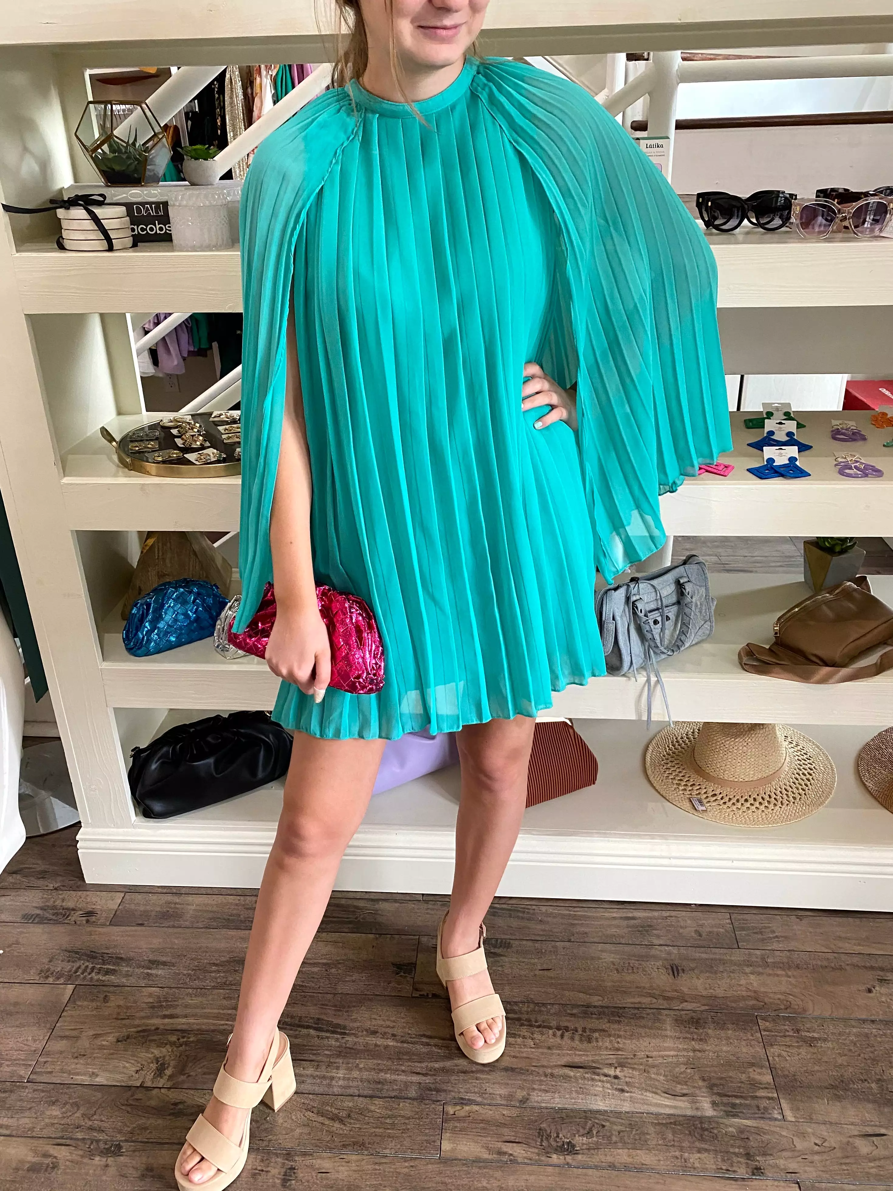 Pleated Cape Shift Mini Dress