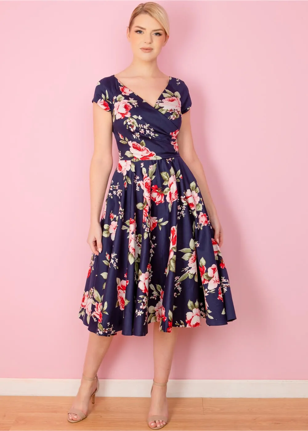 Pretty Dress Company Hourglass Chartwell Floral 50's Swing Dress Navy