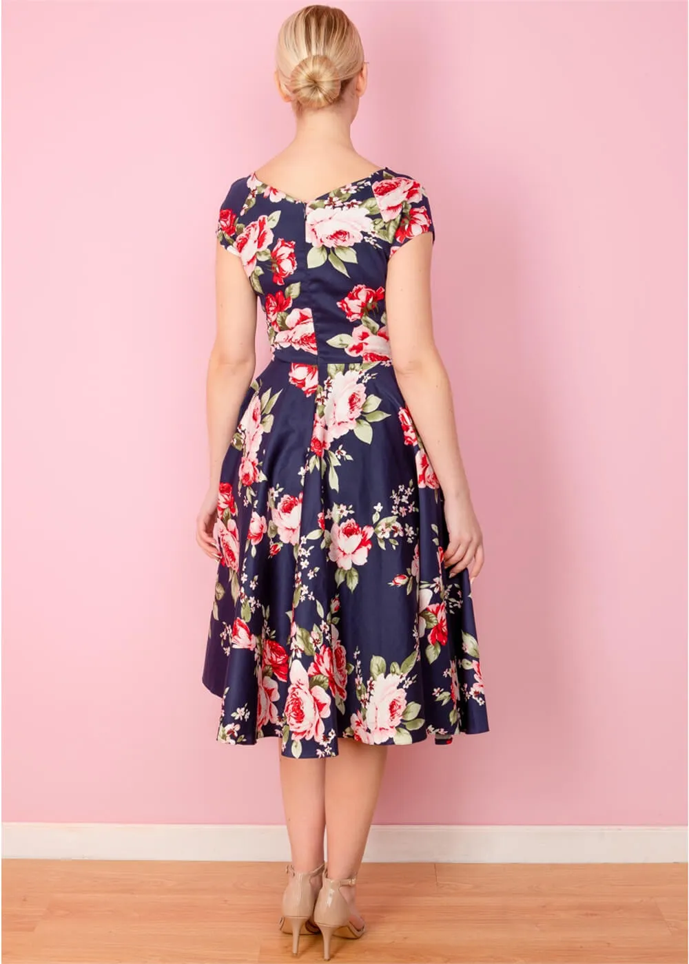 Pretty Dress Company Hourglass Chartwell Floral 50's Swing Dress Navy