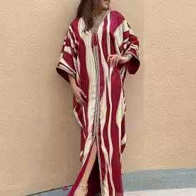 Ramadan Muslim Kaftan Abaya Print Striped Evening Party Dresses S4538114