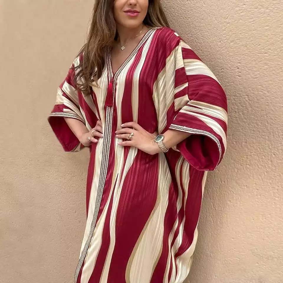 Ramadan Muslim Kaftan Abaya Print Striped Evening Party Dresses S4538114