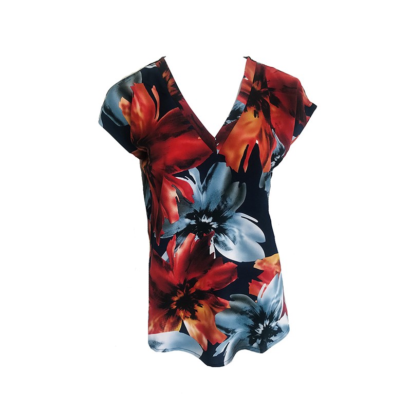 Red Floral V-Neck Blouse