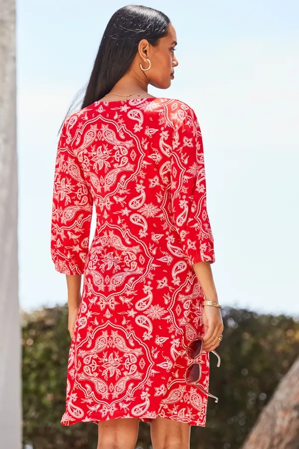 Red Paisley Print Ruched Front Shift Jersey Dress